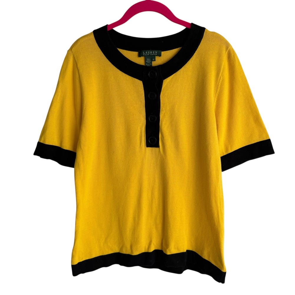 LAUREN RALPH LAUREN Yellow and Black Ladies Short Sleeve Sweater Top, XL